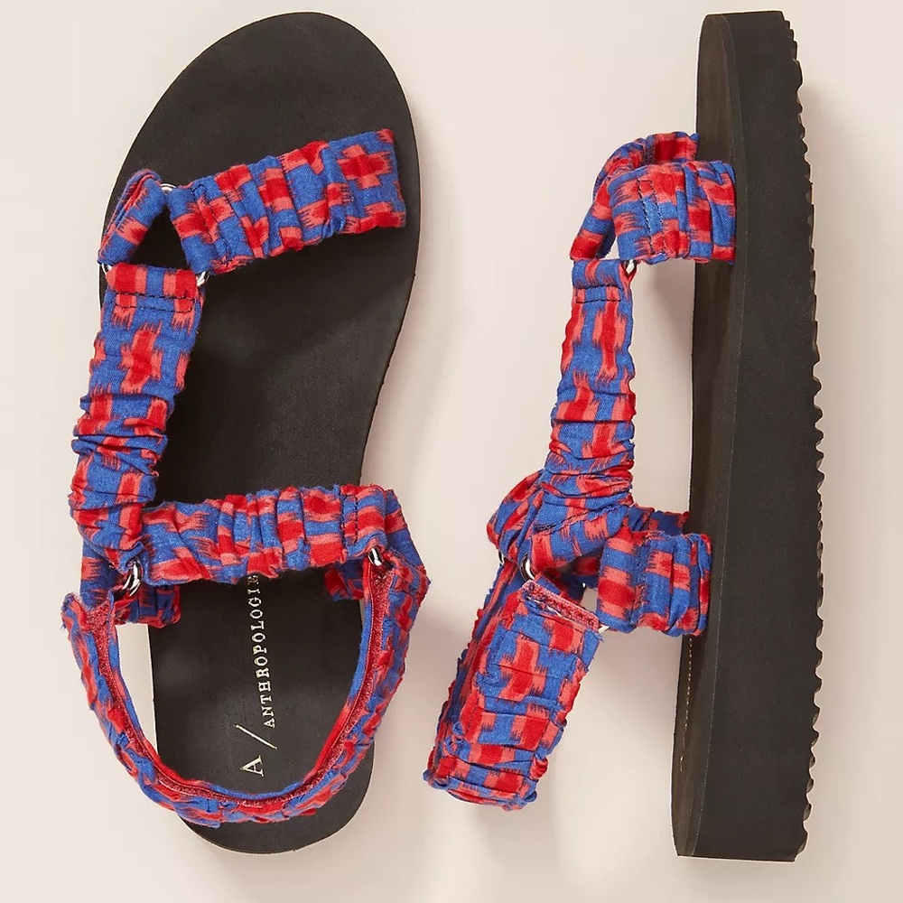 Anthropologie Blue and Red Patterned Ruched Strap Sandals